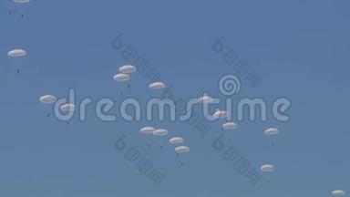 军人用降落伞从飞机上跳下来，军人用降落伞在蓝天上跳伞